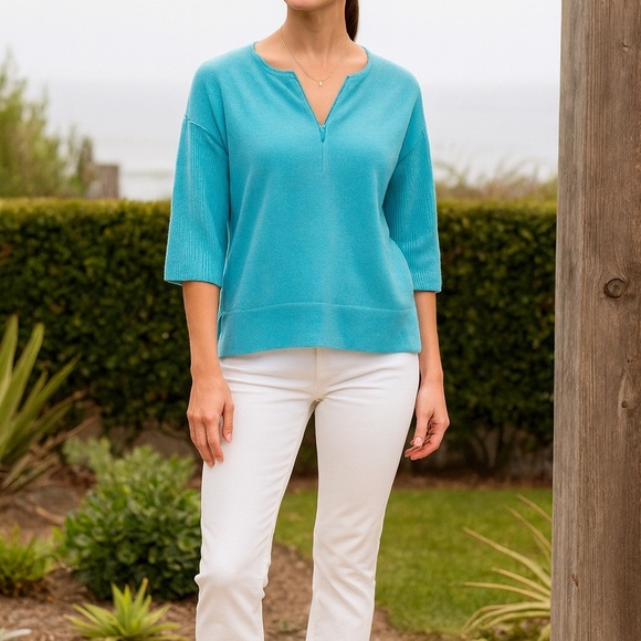 Kinross 100% Cashmere Zip Top Size M Aqua Blue Lightweight Dolman Sweater Casual - Picture 1 of 11